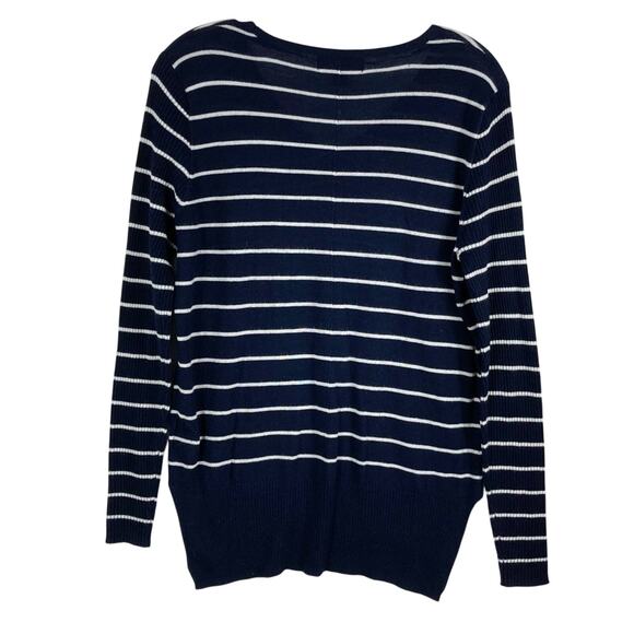 ATMOSPHERE Sweater Women US 6 Stripe Navy White V-neck Rib Long-Slv Slit Hi-Low - Picture 2 of 11